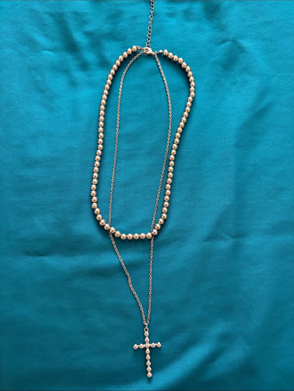 Silver Tone Beaded Cross Layered Necklace - Elegant Women’s Jewelry